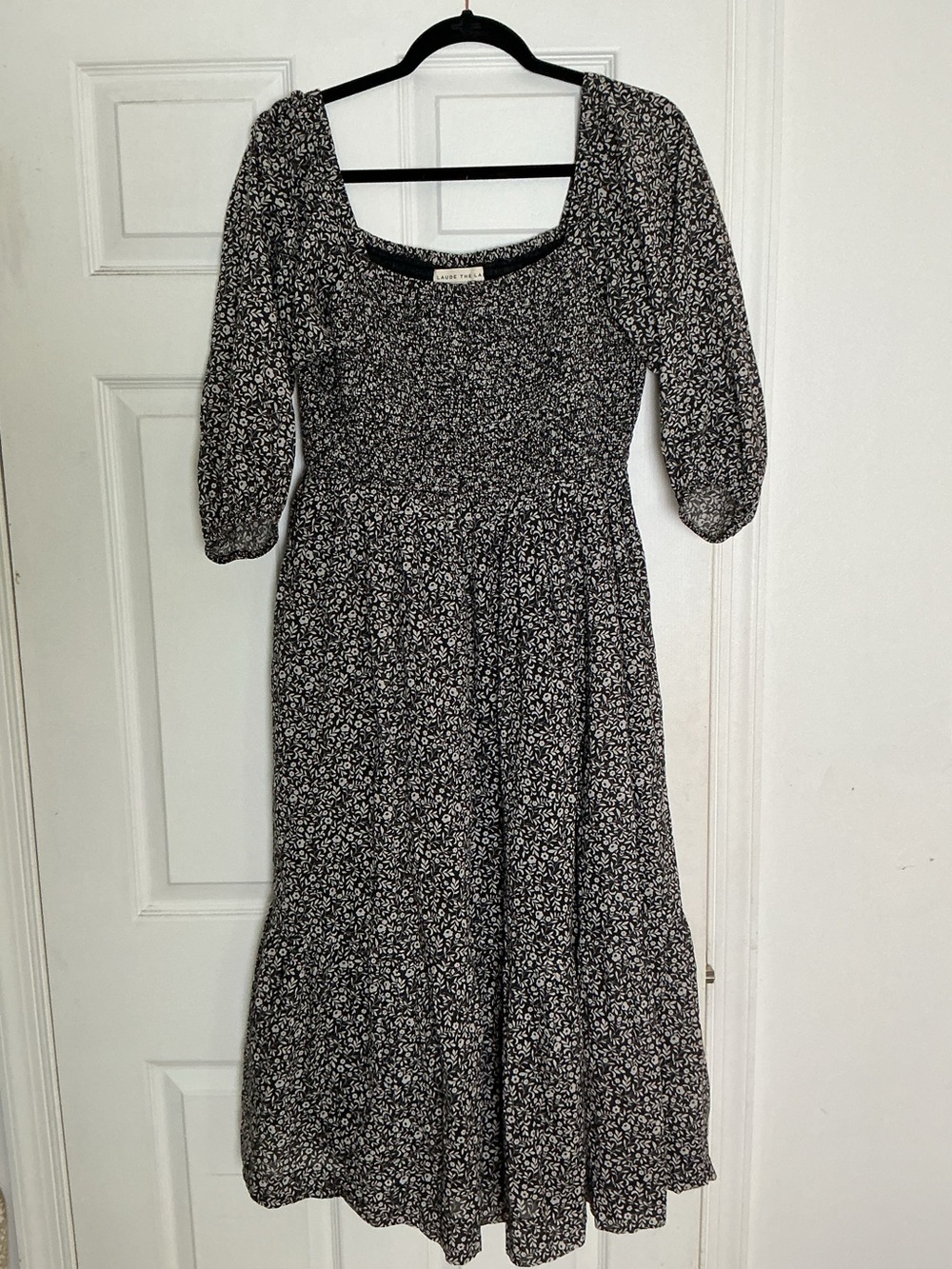 LAUDE the Label Black White Floral Smocked Organic Cotton Midi Dress Size L